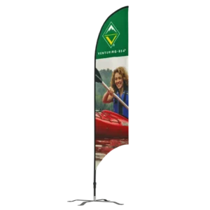 A vertical banner with a green top showing the Venturing BSA logo above a photo of a smiling person paddling a red kayak on the water.