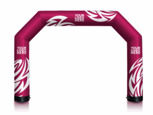 Custom Inflatable Arch - Square, Constant Air: Maroon inflatable archway with white abstract patterns and YOUR LOGO HERE text on both sides and top, designed for customizable event branding.
