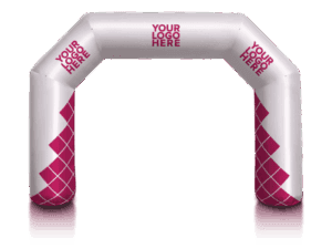 The Custom Inflatable Arch - Angled, Constant Air features a white design with magenta diamond patterns on the lower sides and YOUR LOGO HERE in magenta on the top and sides.