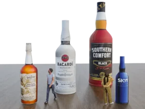 Four oversized Inflatable Bottle, Sealed Air products—whiskey, Bacardi, Southern Comfort, and Skyy Vodka—stand on a flat surface with two miniature men: one walking by the whiskey and another leaning against the Southern Comfort.