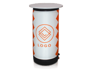 A cylindrical promotional display stand with a white surface, orange geometric logo, and the word LOGO on the front. The sides feature orange diamond patterns and the top is a flat, round white surface.