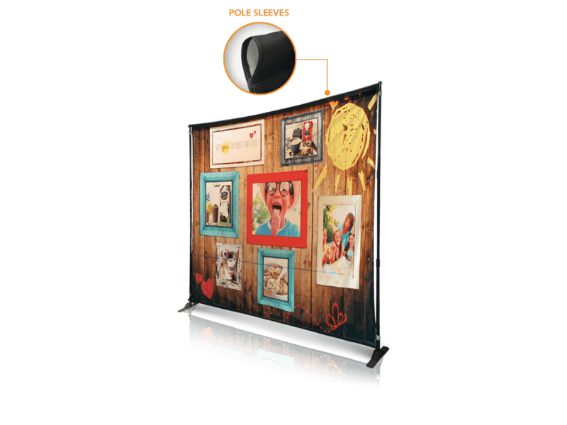 The 10x8 Printed Tradeshow Backdrop Fabric Only showcases framed photos and artwork, displayed on a stand with black pole sleeves, highlighted in a circular inset at the top.