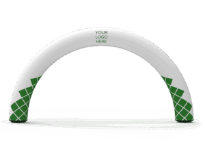 The Custom Inflatable Arch - Round, Constant Air is white with green geometric patterns at the base and stands on a plain background. YOUR LOGO HERE is displayed at the top center of the arch.
