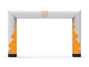 A Custom Inflatable Arch - Square, Constant Air in white, featuring orange diamond patterns on the sides and YOUR LOGO HERE centered at the top. Set against a plain white background.