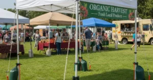 Outdoor farmers market with people browsing stalls under white tents, including one labeled “Organic Harvest Fresh Local Produce,” with fresh fruits and vegetables displayed and a food truck in the background on green grass.