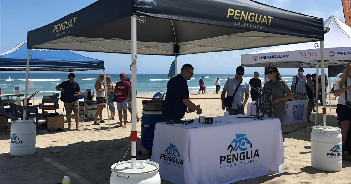 A group of people stands under branded tents at a beach event. One person is setting up items on a table with a Penglai logo. The ocean and several other tents are visible in the background.