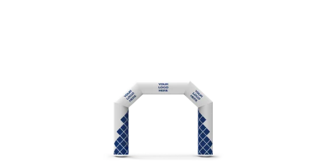 A blue and white inflatable arch with a blank space at the top for a custom logo, standing over a blue-striped entrance.