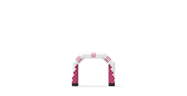 A white inflatable arch with a diamond pattern in pink on the sides and space at the top for a custom logo or message, standing on a plain white background.