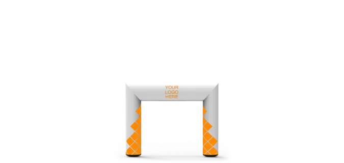 Inflatable archway with orange and white colors, featuring a diamond pattern on the legs and the words YOUR LOGO HERE at the top center. The arch is standing on a grey surface.