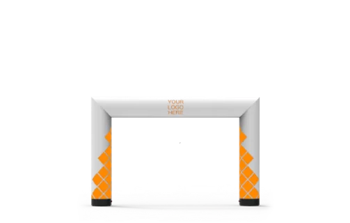 Large white inflatable arch with orange diamond patterns on the lower sides and YOUR LOGO HERE text centered at the top, standing on a flat surface against a plain background.