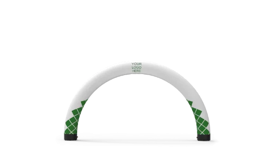 A white inflatable archway with green geometric patterns on the lower sides and black bases, featuring a blank space for a logo or text at the top center.