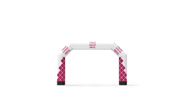 An inflatable white archway with pink diamond patterns on the legs and blank space labeled YOUR LOGO HERE at the top and on both sides for customizable branding.