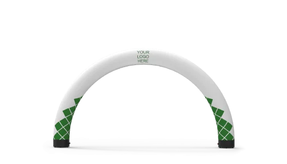 An inflatable white arch with green geometric patterns on the lower sides and a blank area at the top center labeled YOUR LOGO HERE, standing on a gray surface.