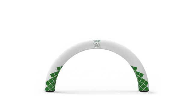 A white inflatable arch with green geometric patterns on the lower sides, standing on a flat surface. The center top displays the text YOUR LOGO HERE.