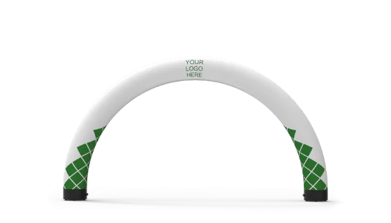 An inflatable white arch with green geometric patterns on both sides and YOUR LOGO HERE text at the top center, placed on a plain gray surface.