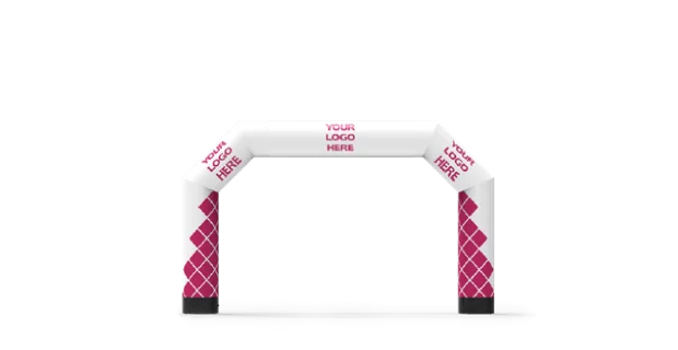 An inflatable archway with a white top and pink patterned sides, featuring spaces labeled YOUR LOGO HERE for customizable branding. The arch stands on a flat surface against a plain background.