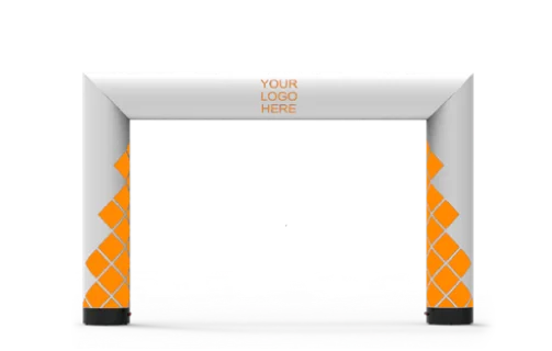 Inflatable white archway with orange diamond patterns on the sides, placed on a gray surface. The top center of the arch displays the text YOUR LOGO HERE in orange letters.