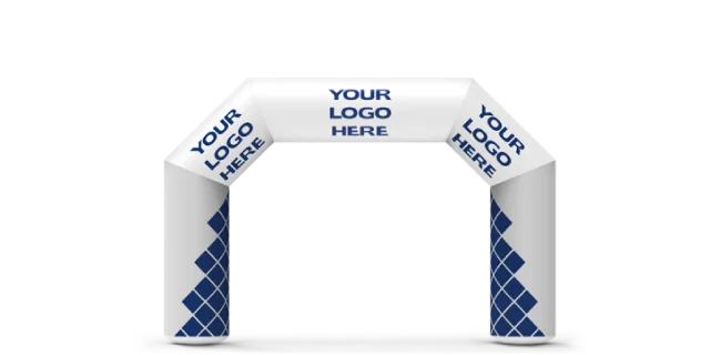 White inflatable archway with YOUR LOGO HERE printed on the top and sides, featuring a blue diamond pattern on the lower half of each upright column. The arch is set against a plain background.
