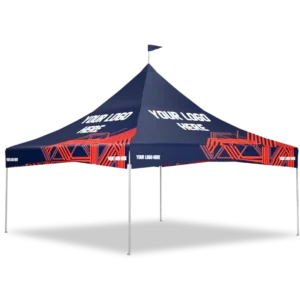 Large outdoor event tent with a dark blue canopy, red geometric patterns along the sides, and the words “YOUR LOGO HERE” printed on multiple panels. The tent is supported by metal poles.