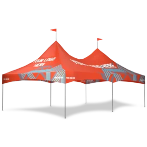 Large red outdoor canopy tent with four peaks, small flags on top, and geometric designs. The tent displays the text YOUR LOGO HERE in white, with space for customizable branding.