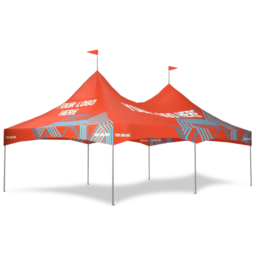 Large red outdoor canopy tent with four peaks, small flags on top, and geometric designs. The tent displays the text YOUR LOGO HERE in white, with space for customizable branding.