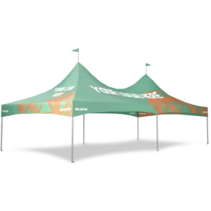 Large green and orange outdoor canopy tent with pointed peaks, four supporting legs, and the text “YOUR LOGO HERE” printed on all visible sides. Suitable for events, markets, or promotions.