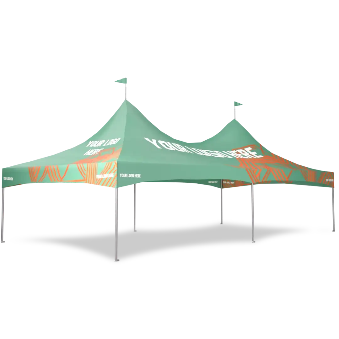 Large green and orange outdoor canopy tent with pointed peaks, four supporting legs, and the text “YOUR LOGO HERE” printed on all visible sides. Suitable for events, markets, or promotions.