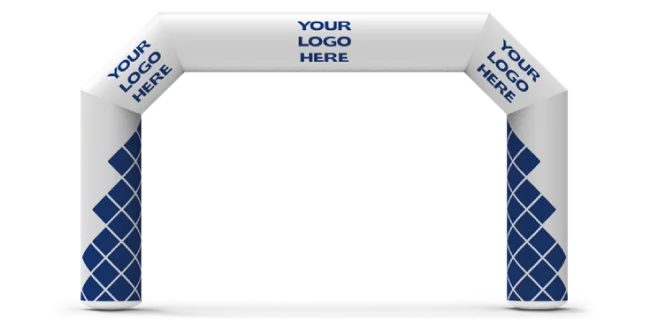 Inflatable archway with a white top and dark blue sides featuring a diamond pattern. The top and sides display the text YOUR LOGO HERE in blue. The background is transparent.