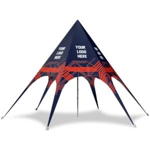 A dark blue, pyramid-shaped event tent with six legs and red geometric patterns. The tent displays the text YOUR LOGO HERE on multiple panels.