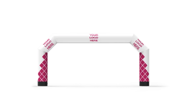 Inflatable archway with YOUR LOGO HERE text on top and diamond-patterned red and white columns on each side. Suitable for events or races.