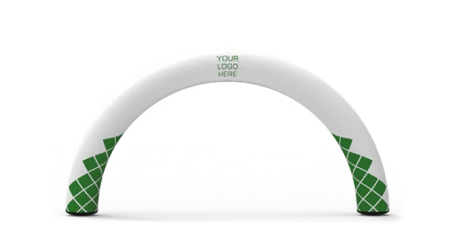 A white inflatable arch with green geometric patterns on both legs and the text YOUR LOGO HERE at the top center.