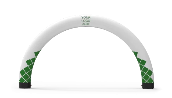A white inflatable arch with green geometric patterns on both sides and a blank space at the top center labeled YOUR LOGO HERE, designed for event branding or entrances.
