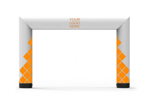 Inflatable white archway with orange geometric patterns on the lower sides and the text YOUR LOGO HERE at the top center, against a plain white background.