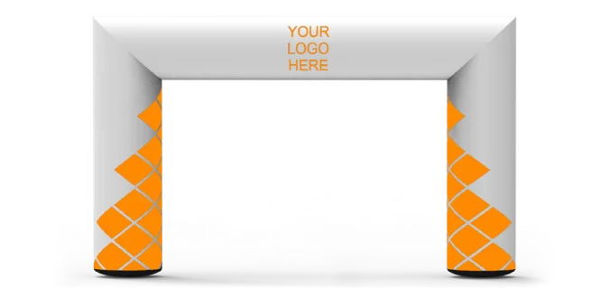 White inflatable archway with orange geometric patterns on the lower sides and the text YOUR LOGO HERE at the top center. The arch is set on a gray surface with a plain background.