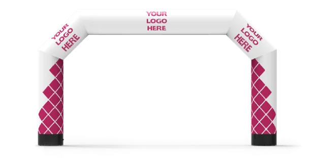 White inflatable archway with diamond-patterned red bases and blank areas labeled YOUR LOGO HERE on the top and both sides, intended for customizable event branding.