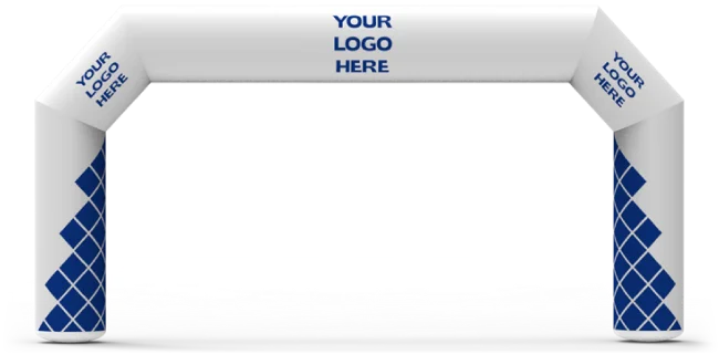 Inflatable arch with a white top displaying YOUR LOGO HERE in blue text and blue-and-white diamond patterns on the side columns, standing on a gray surface.