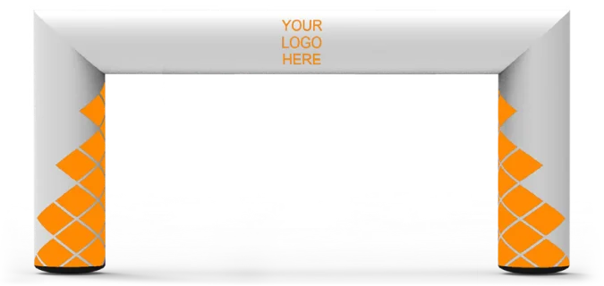 Inflatable archway with a blank white top section labeled YOUR LOGO HERE in orange text and orange diamond patterns on the side columns, standing on a gray surface.