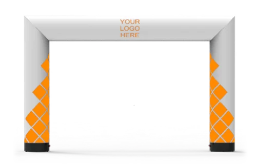 White inflatable archway with orange geometric patterns on the sides and YOUR LOGO HERE text at the top center, standing on a gray surface.