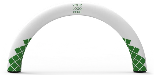 A white inflatable arch with green geometric patterns on both sides and the text YOUR LOGO HERE at the top center.