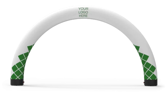 A white inflatable arch with green geometric patterns on both sides and the text YOUR LOGO HERE at the top center.
