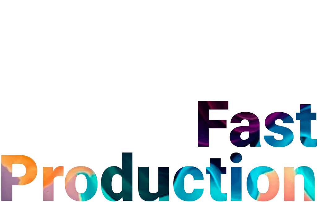 Bold, colorful text reading Fast Production appears in front of a faint, white stopwatch icon, suggesting speed and efficiency in production or manufacturing.