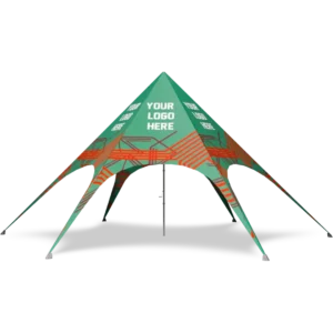 Green and orange geometric canopy tent with four legs, featuring the words YOUR LOGO HERE printed on the front panel. The tent has an open side design and is shown on a white background.