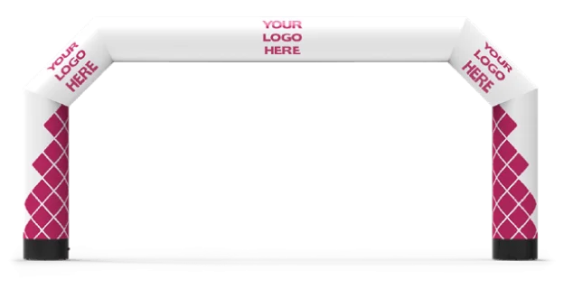 Inflatable arch with white top and diamond-patterned pink lower sides, displaying YOUR LOGO HERE in bold pink text on the top and both sides, designed for custom branding at events.