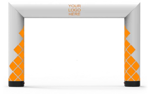 An inflatable archway with YOUR LOGO HERE written at the top center, featuring orange geometric patterns on the sides and a gray base.