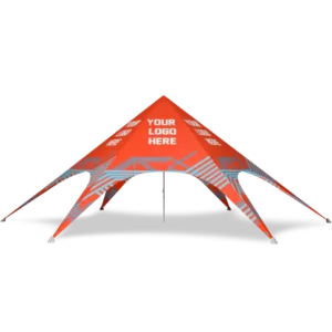 A red, pyramid-shaped event tent with four legs and the words YOUR LOGO HERE displayed prominently on the top front panel.
