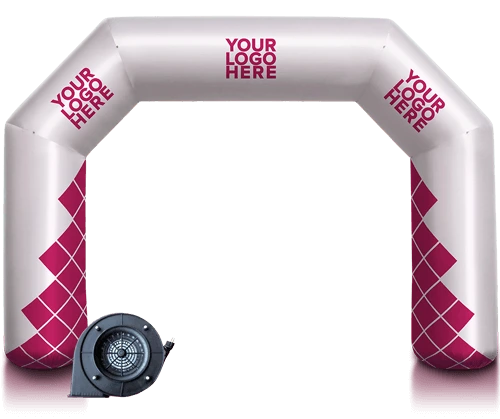 An inflatable archway with a white and magenta design, featuring the text YOUR LOGO HERE on three sections. A black air blower is positioned to the left of the arch.