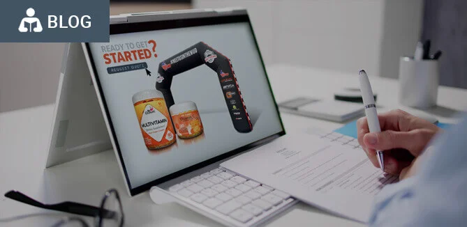 A person writes on a form while looking at a tablet displaying supplement products and the words Ready to get started? Request quote. The scene appears to be in an office setting.