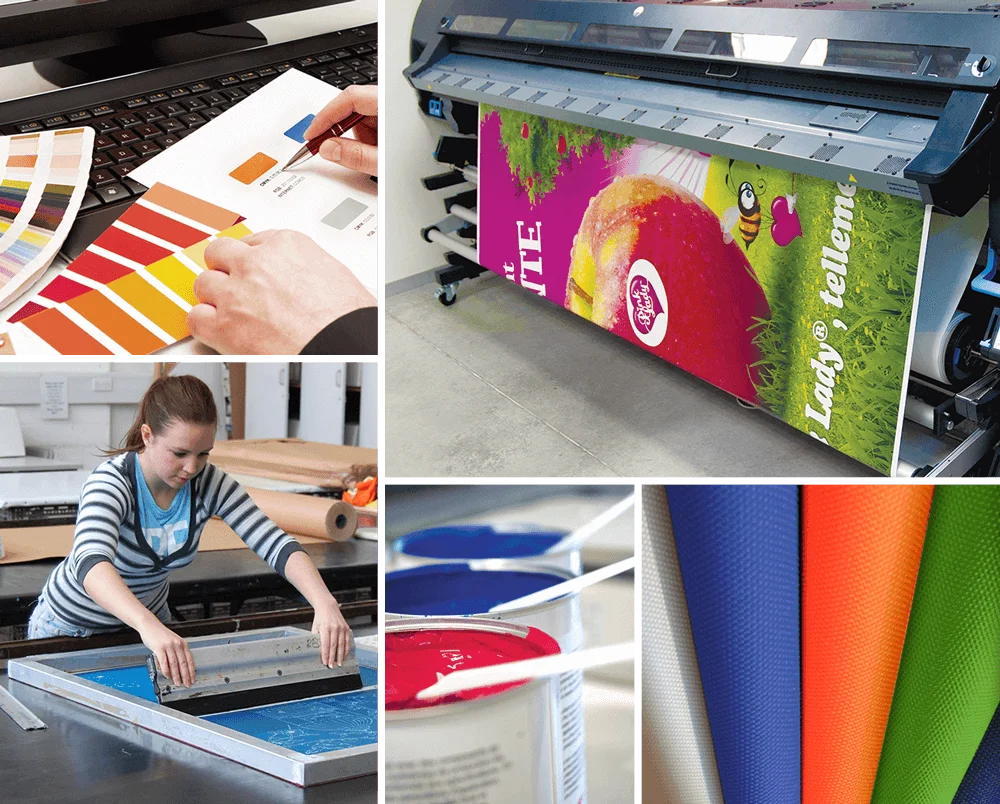 A collage showing color swatches, a person selecting colors, a large digital printer printing a colorful banner, a woman screen printing, cans of paint, and rolls of colored fabric.