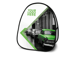 Pop-up display featuring a black and white street scene with vintage cars, one of which is highlighted in bright green. There is a space at the top left for a custom logo and text that reads YOUR LOGO HERE.