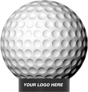 A white golf ball with dimples is positioned above a black tee that displays the text YOUR LOGO HERE in white capital letters.